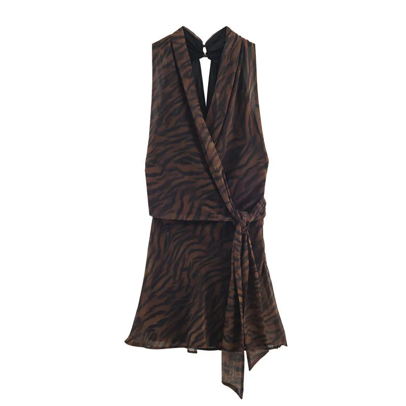 Animal print double breasted mini dress with asymmetric pleated skirt and long sleeves
