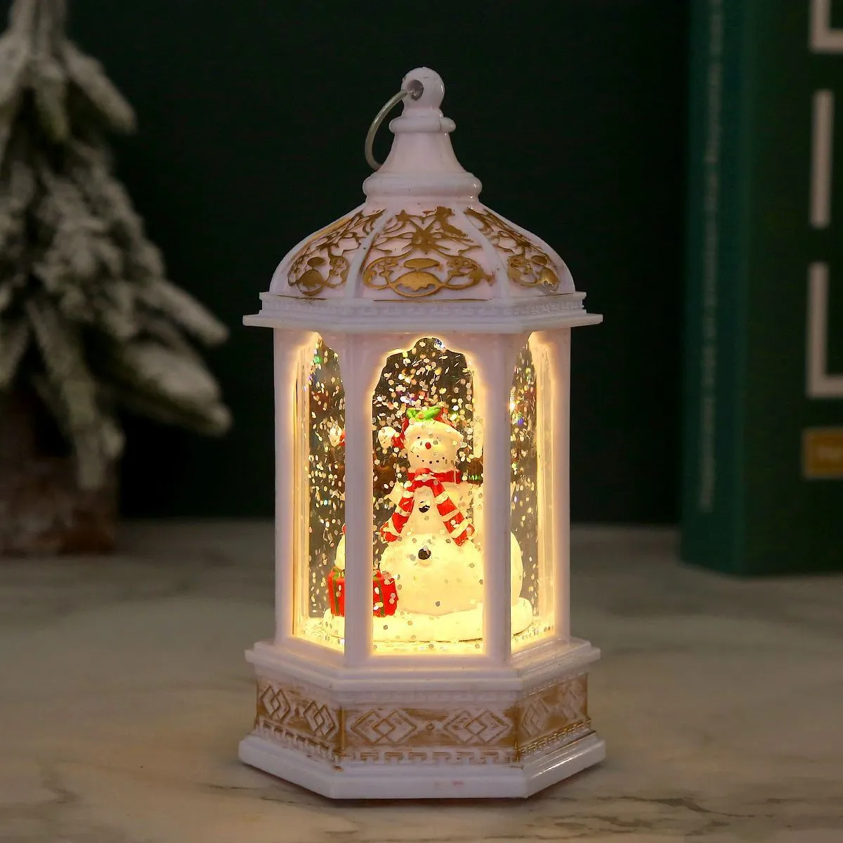 Plastic small night lamp with modern simplicity design in five Christmas colours: red old man, white snowman, green tree, brushed gold Jesus, white angel