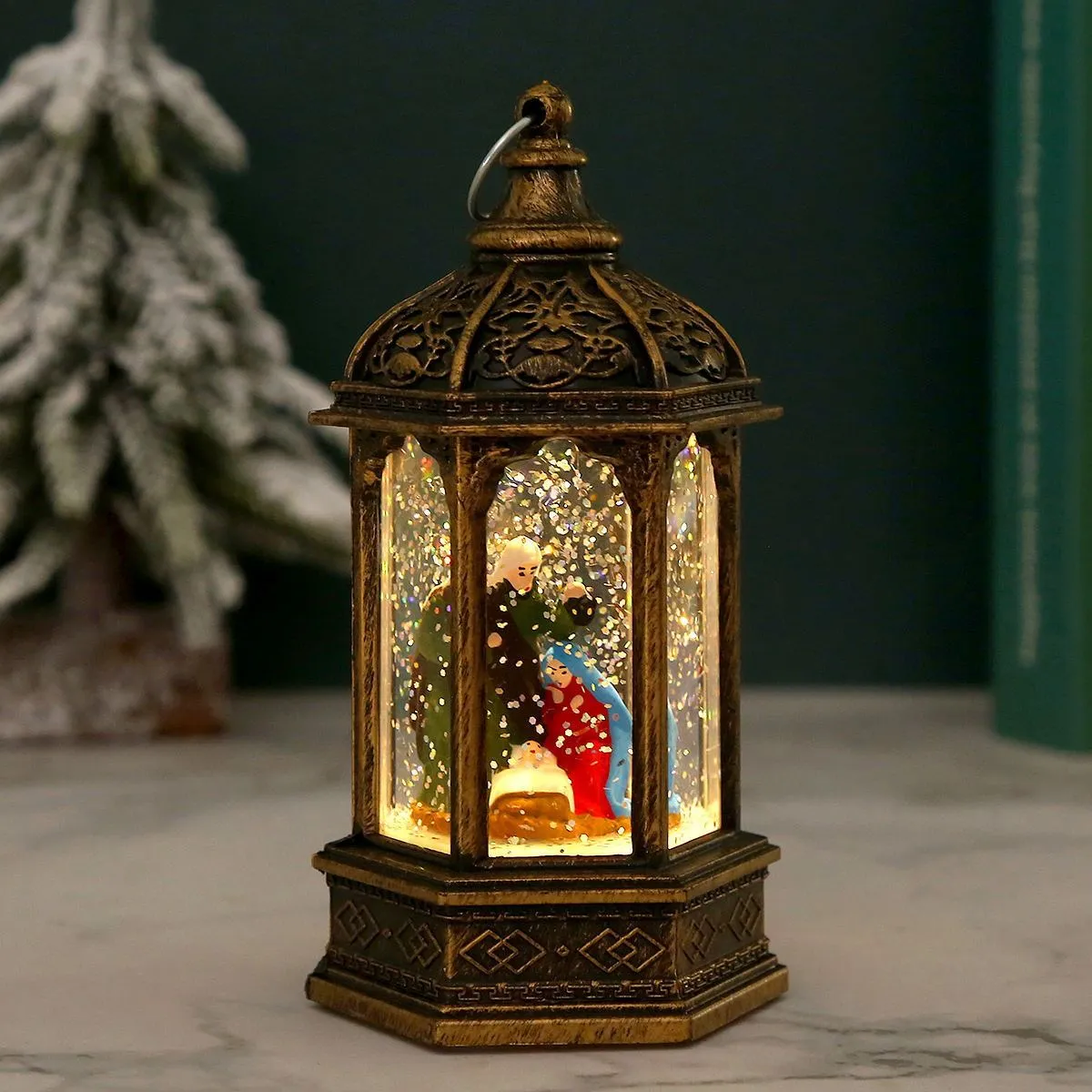 Plastic small night lamp with modern simplicity design in five Christmas colours: red old man, white snowman, green tree, brushed gold Jesus, white angel