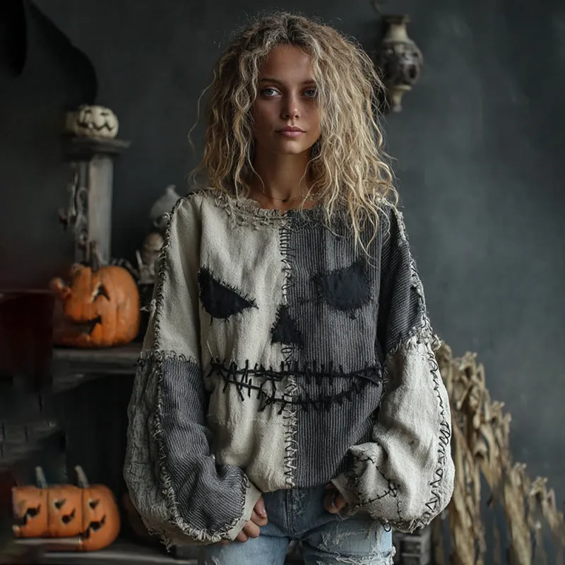 Digital printed women's pullover sweater in loose fit with 3D pattern, round neck, and long sleeves