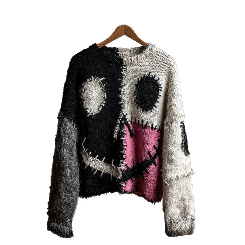 Digital printed women's pullover sweater in loose fit with 3D pattern, round neck, and long sleeves