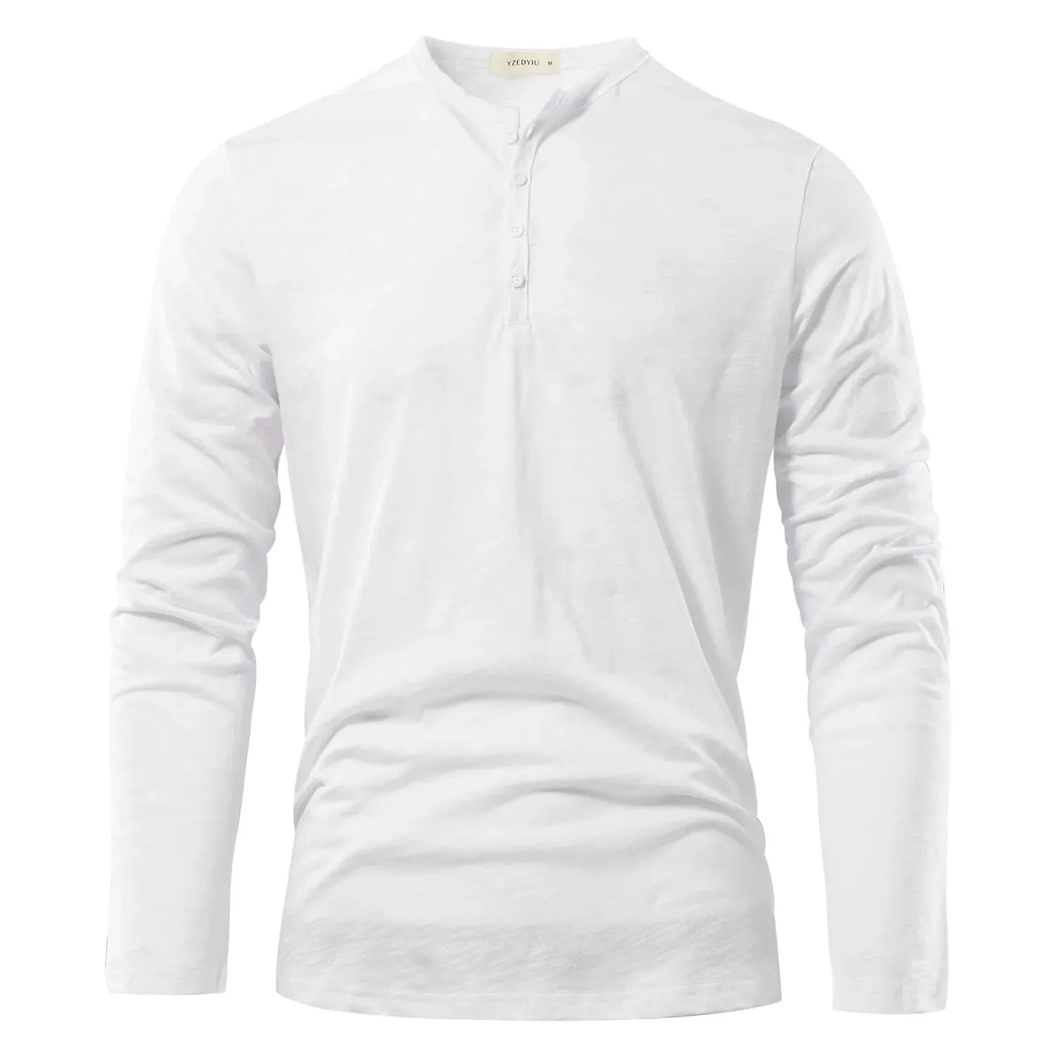 Men's solid colour casual slub cotton long-sleeved top in white, pullover style
