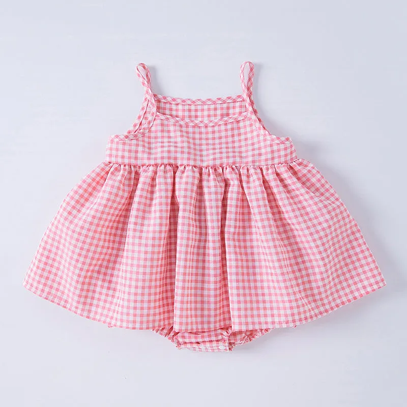 Korean style baby sling romper plaid princess dress in pink and light green, polyester fabric, sizes 68-86