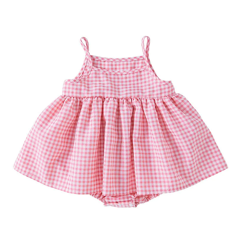 Korean style baby sling romper plaid princess dress in pink and light green, polyester fabric, sizes 68-86