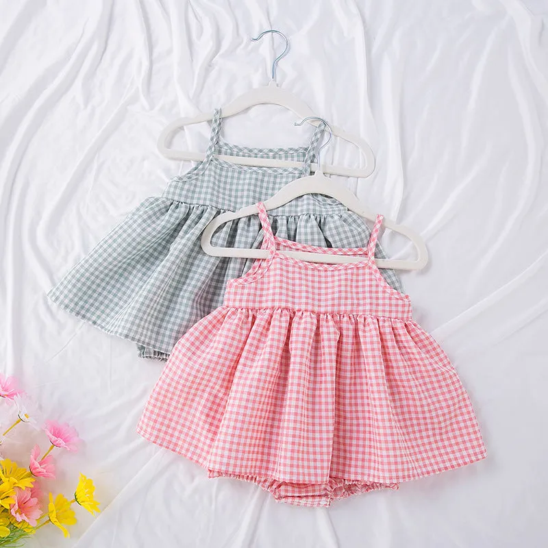 Korean style baby sling romper plaid princess dress in pink and light green, polyester fabric, sizes 68-86