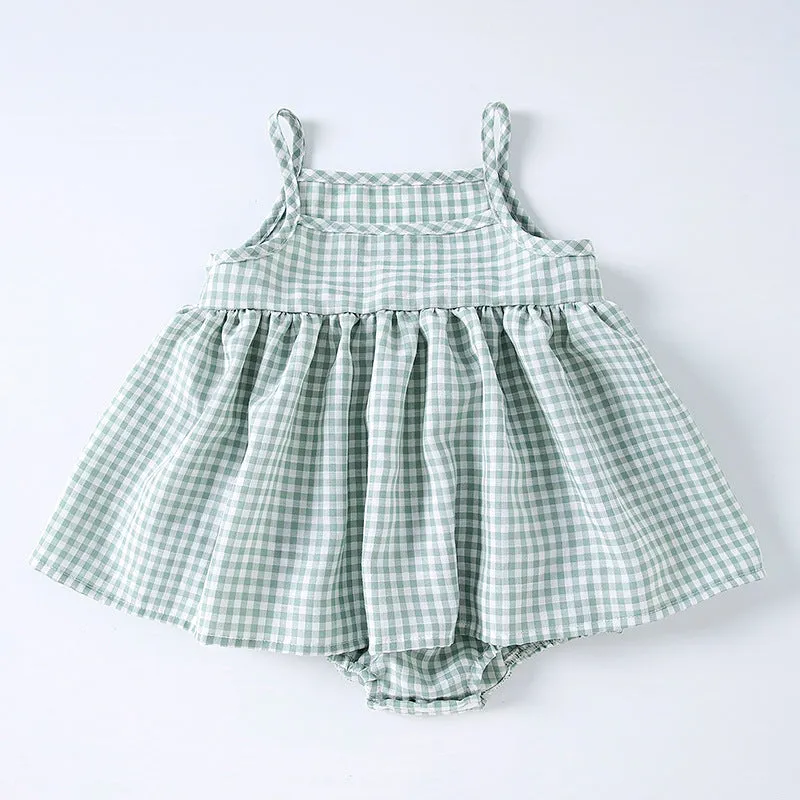 Korean style baby sling romper plaid princess dress in pink and light green, polyester fabric, sizes 68-86