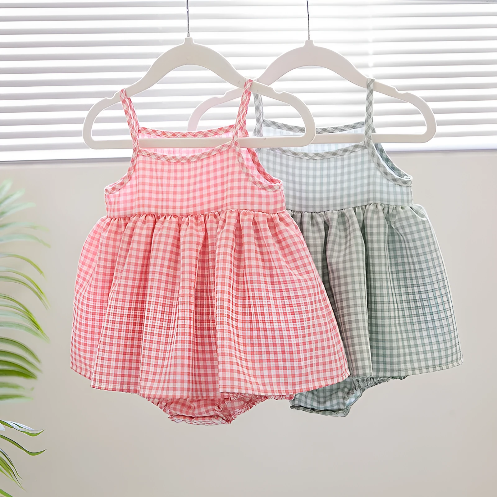 Korean style baby sling romper plaid princess dress in pink and light green, polyester fabric, sizes 68-86