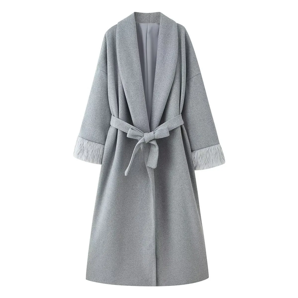 Solid colour autumn winter woolen coat with lacing cuffs and loose fit in dark gray available in sizes S M L