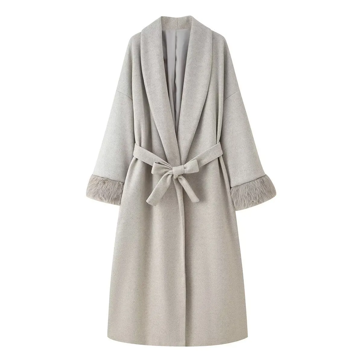 Solid colour autumn winter woolen coat with lacing cuffs and loose fit in dark gray available in sizes S M L