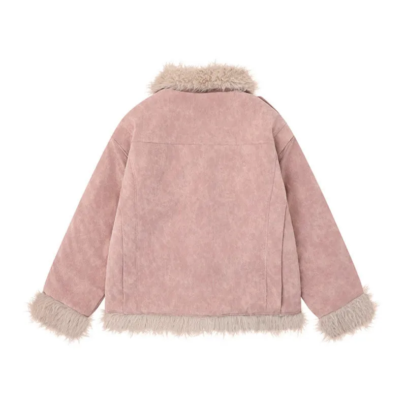 Women's loose-fit retro lamb wool coat in polyester, available in black, brown, and pink
