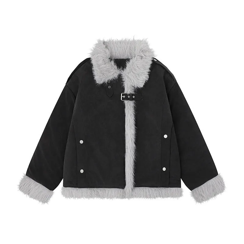 Women's loose-fit retro lamb wool coat in polyester, available in black, brown, and pink