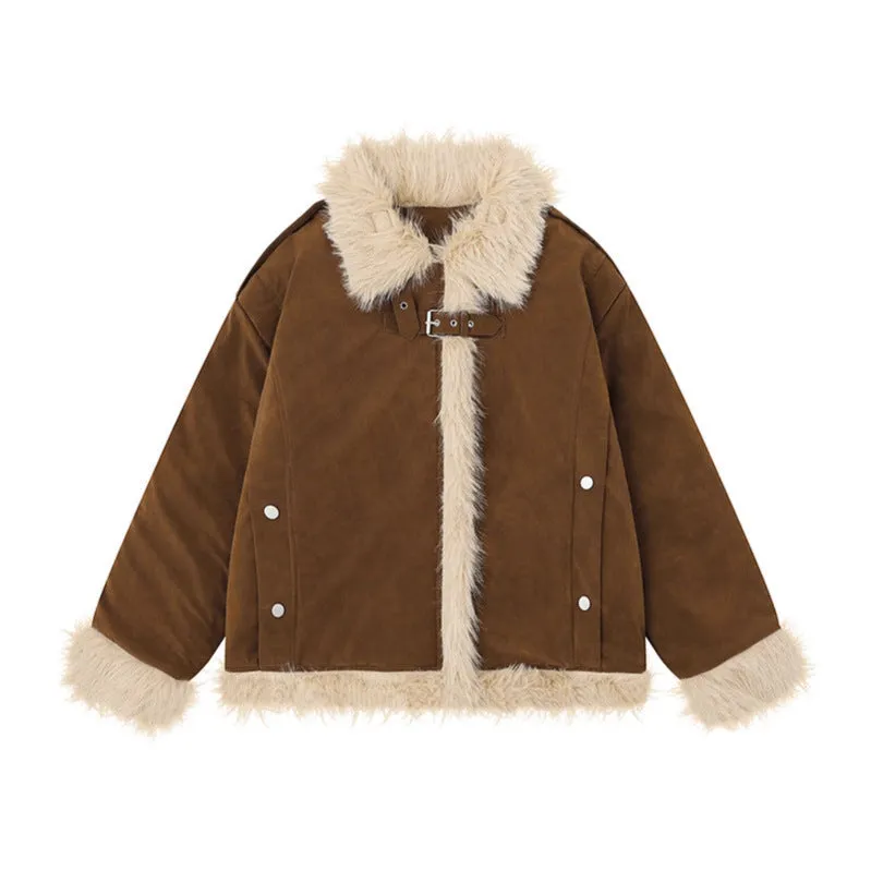 Women's loose-fit retro lamb wool coat in polyester, available in black, brown, and pink