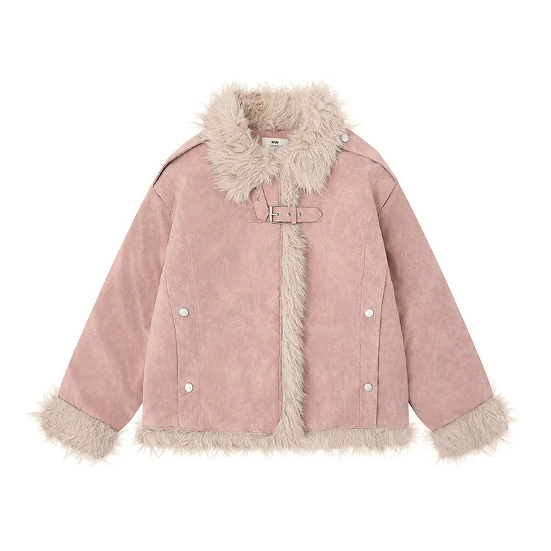 Women's loose-fit retro lamb wool coat in polyester, available in black, brown, and pink