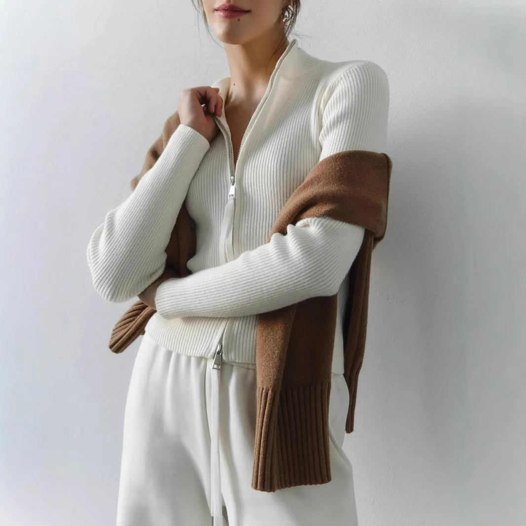 Zipper slim fit stand collar long-sleeve top in white for women – high waist viscose fibre street fashion bottoming layer