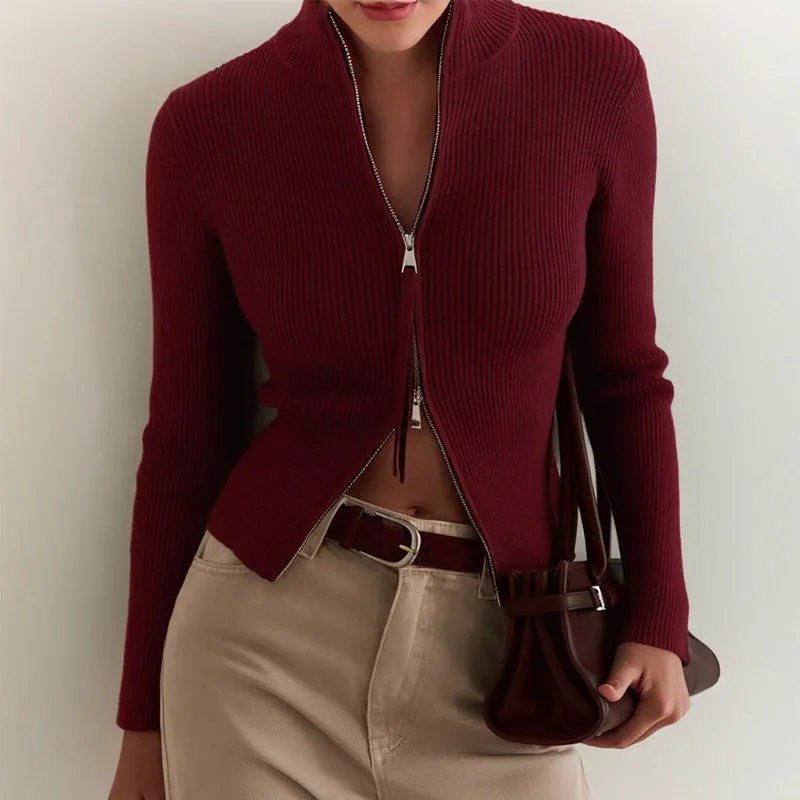 Zipper slim fit stand collar long-sleeve top in white for women – high waist viscose fibre street fashion bottoming layer