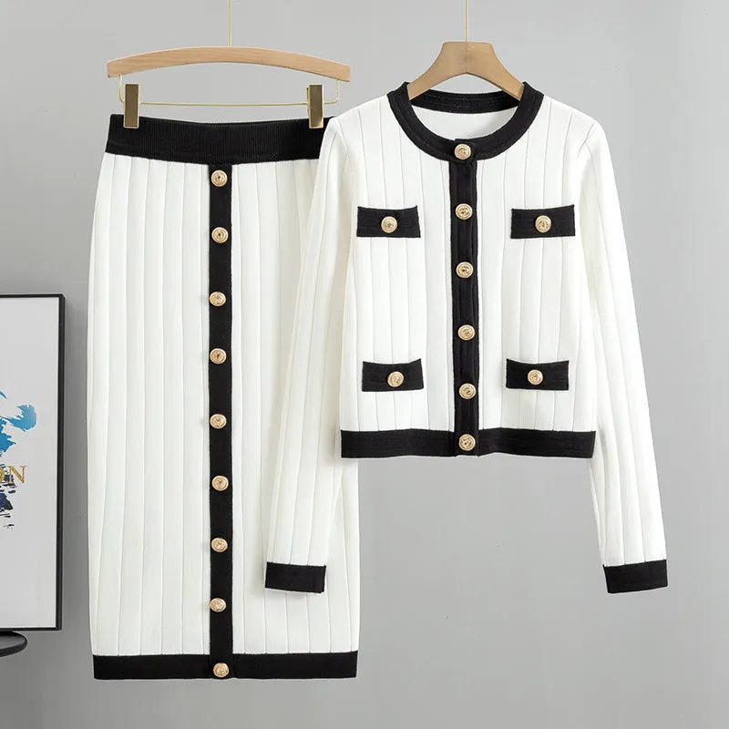 Women's knitted cardigan and skirt two-piece set in colour-block design, available in black, white, khaki, pink, viscose fibre fabric