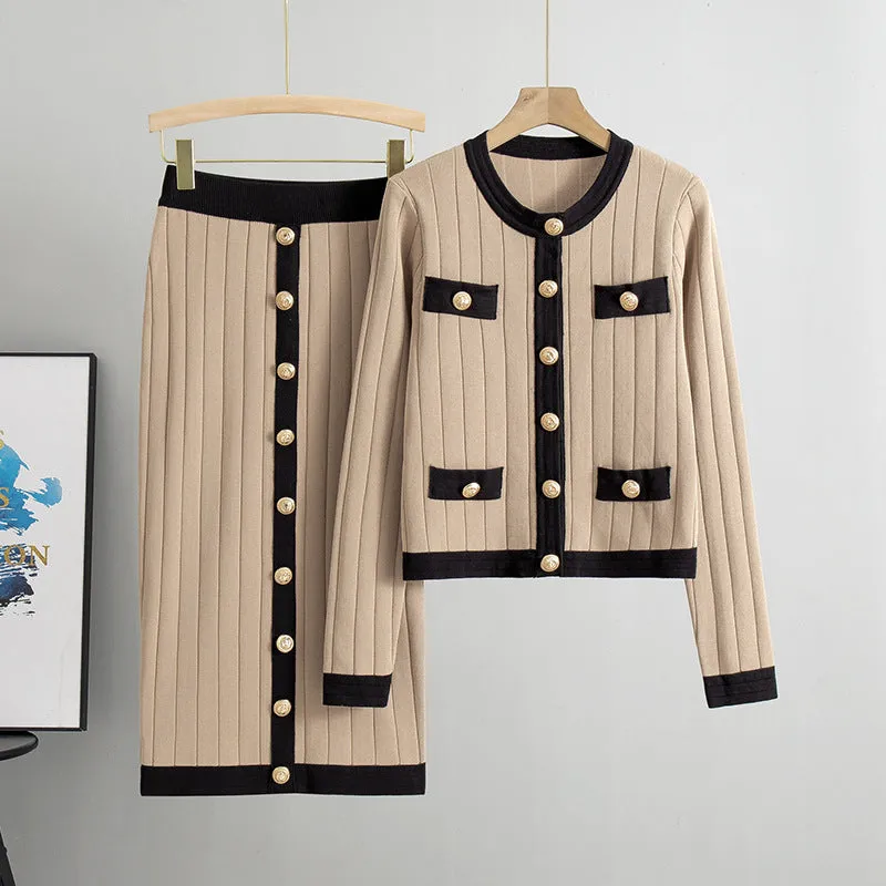 Women's knitted cardigan and skirt two-piece set in colour-block design, available in black, white, khaki, pink, viscose fibre fabric
