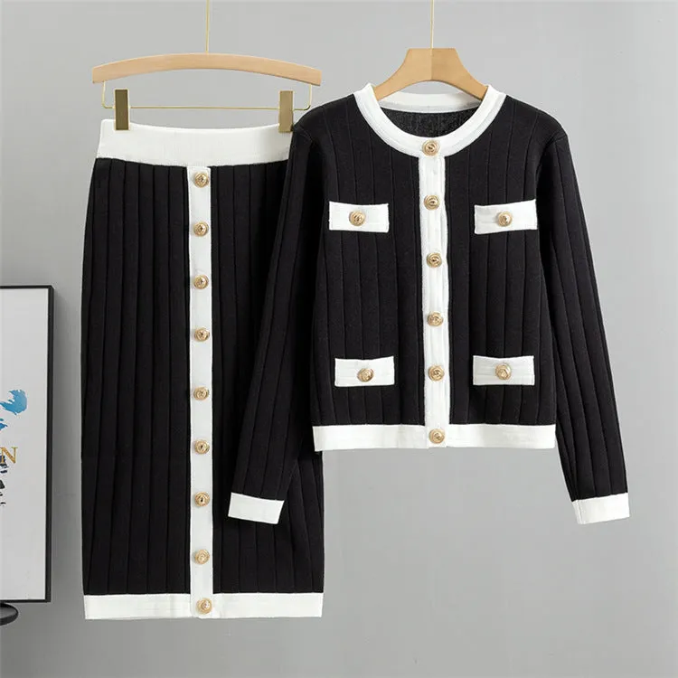 Women's knitted cardigan and skirt two-piece set in colour-block design, available in black, white, khaki, pink, viscose fibre fabric
