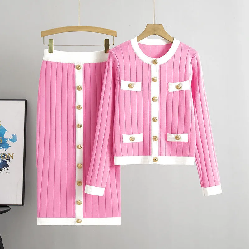 Women's knitted cardigan and skirt two-piece set in colour-block design, available in black, white, khaki, pink, viscose fibre fabric