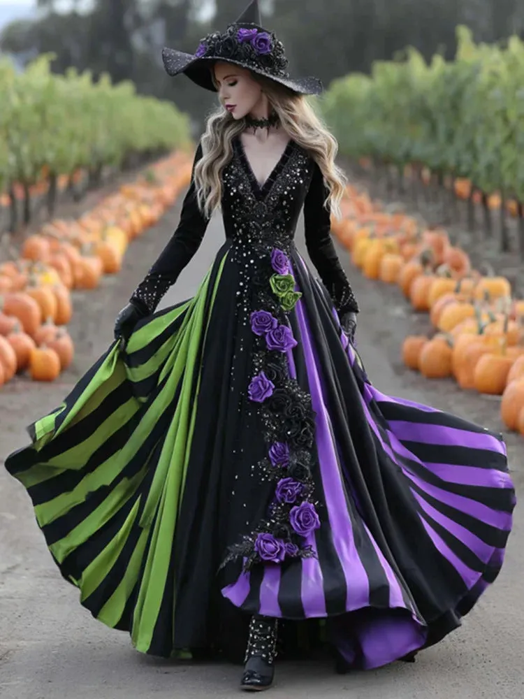 V-neck long sleeve swing dress in green and purple with asymmetric hem, women's pullover style