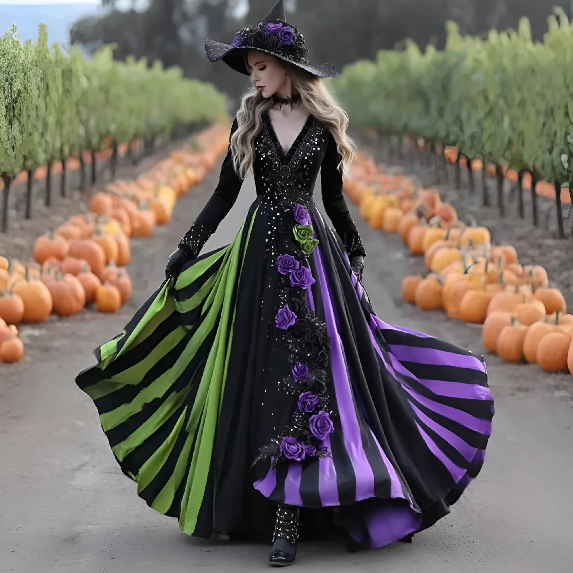 V-neck long sleeve swing dress in green and purple with asymmetric hem, women's pullover style