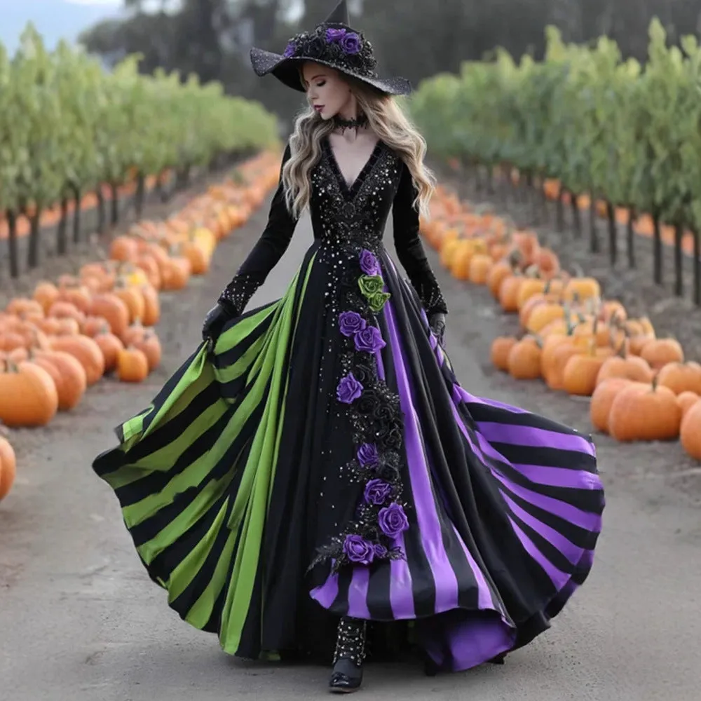 V-neck long sleeve swing dress in green and purple with asymmetric hem, women's pullover style