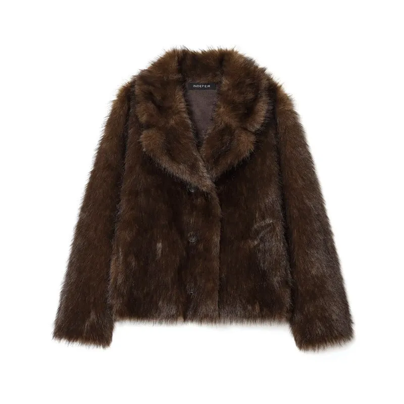 Women's double-sided artificial fur effect jacket coat with faux fur collar in brown colour