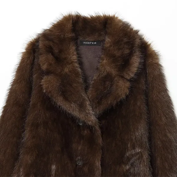 Women's double-sided artificial fur effect jacket coat with faux fur collar in brown colour