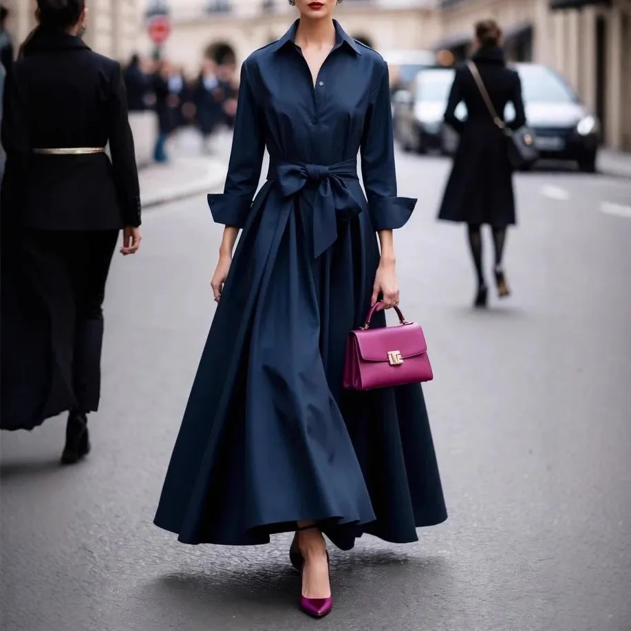 Solid colour maxi dress with lace-up front and asymmetric hem, in beige, black, navy blue or purplish red, polyester pullover style