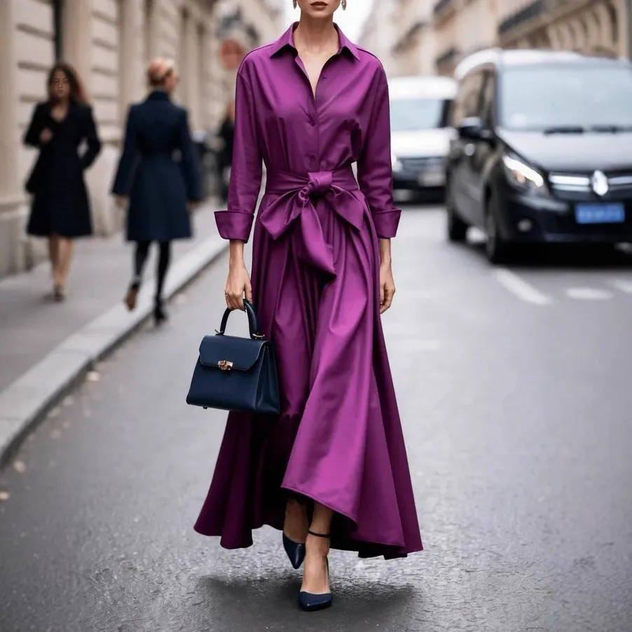 Solid colour maxi dress with lace-up front and asymmetric hem, in beige, black, navy blue or purplish red, polyester pullover style