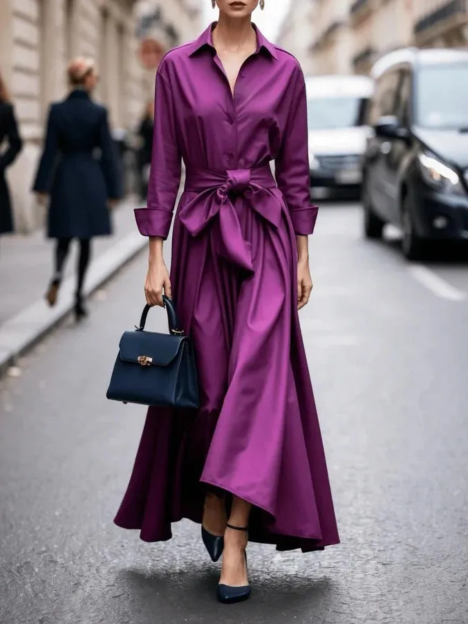Solid colour maxi dress with lace-up front and asymmetric hem, in beige, black, navy blue or purplish red, polyester pullover style