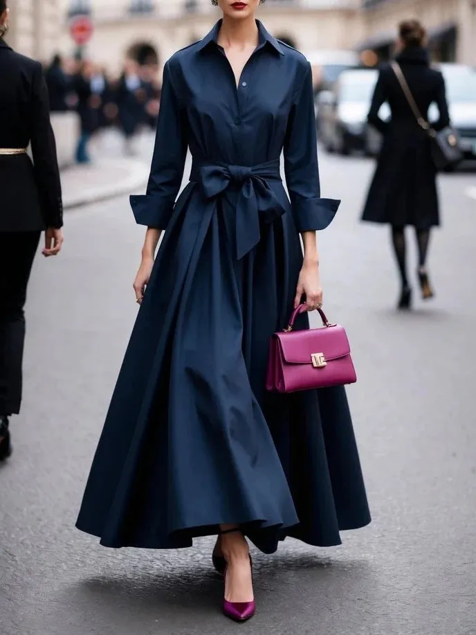 Solid colour maxi dress with lace-up front and asymmetric hem, in beige, black, navy blue or purplish red, polyester pullover style