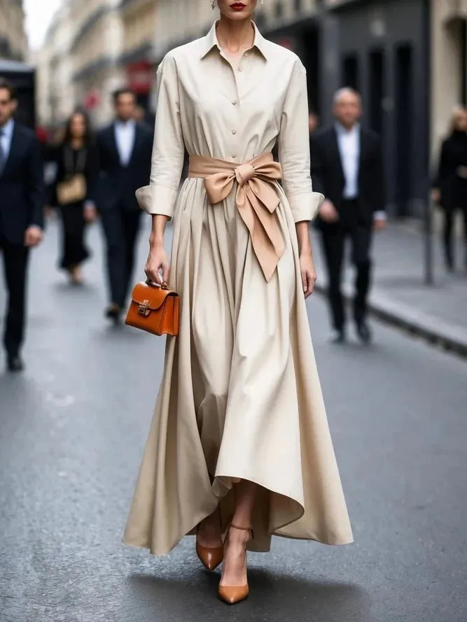 Solid colour maxi dress with lace-up front and asymmetric hem, in beige, black, navy blue or purplish red, polyester pullover style