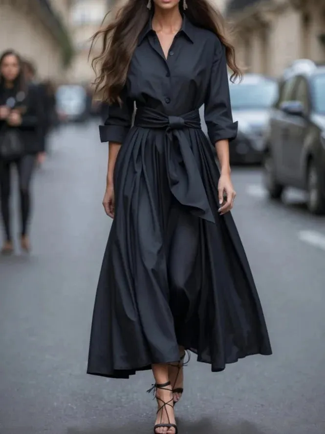 Solid colour maxi dress with lace-up front and asymmetric hem, in beige, black, navy blue or purplish red, polyester pullover style