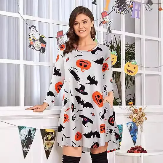 Women's printed T-shirt dress A-line midi pullover with 3D stereo pattern in Christmas Red colour