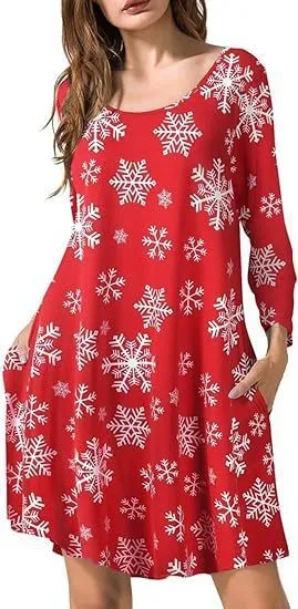 Women's printed T-shirt dress A-line midi pullover with 3D stereo pattern in Christmas Red colour