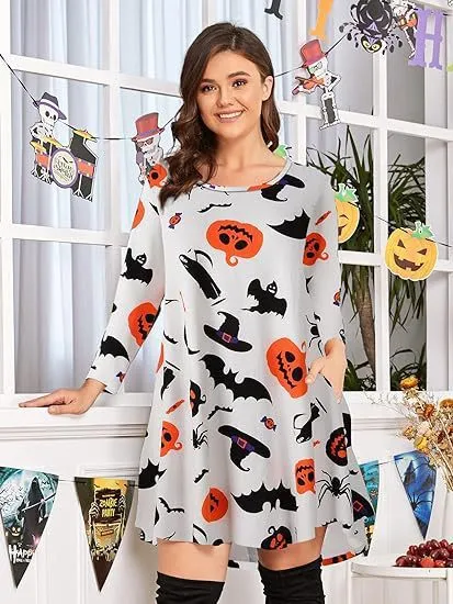 Women's printed T-shirt dress A-line midi pullover with 3D stereo pattern in Christmas Red colour
