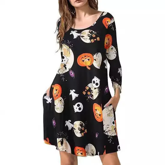 Women's printed T-shirt dress A-line midi pullover with 3D stereo pattern in Christmas Red colour
