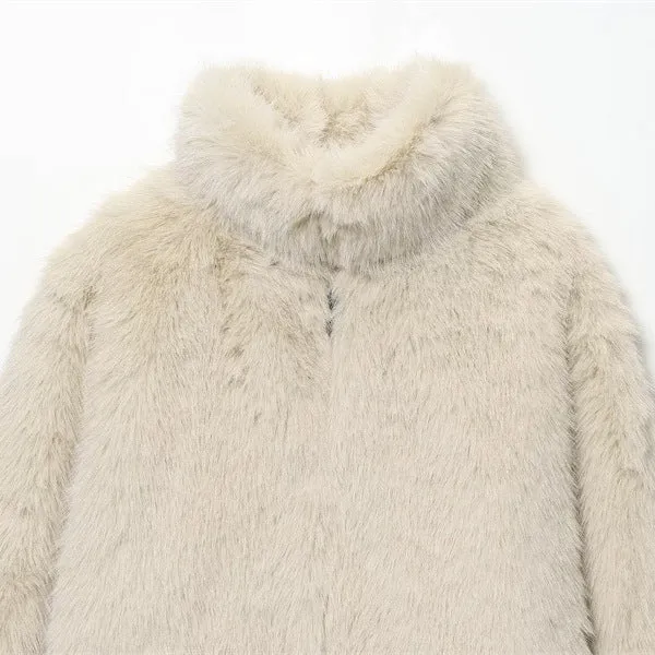 Artificial fur short coat jacket in apricot with faux fur collar, long sleeves, women's socialite style
