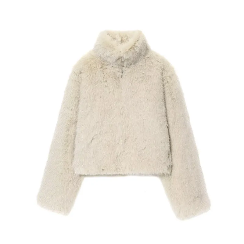 Artificial fur short coat jacket in apricot with faux fur collar, long sleeves, women's socialite style