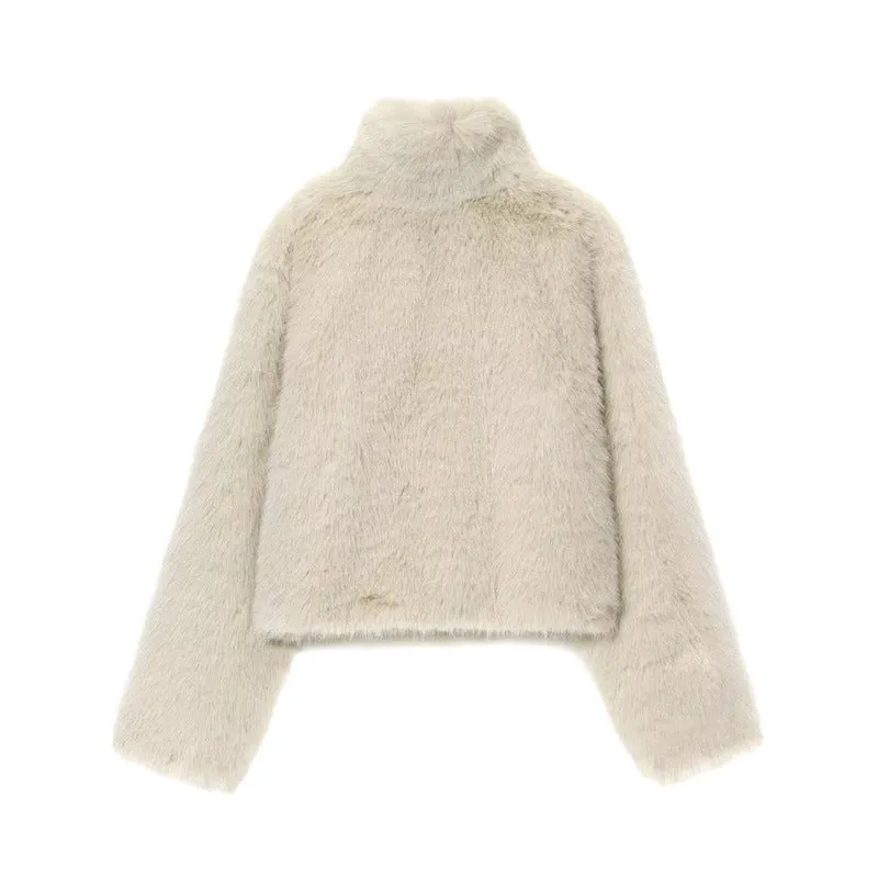 Artificial fur short coat jacket in apricot with faux fur collar, long sleeves, women's socialite style
