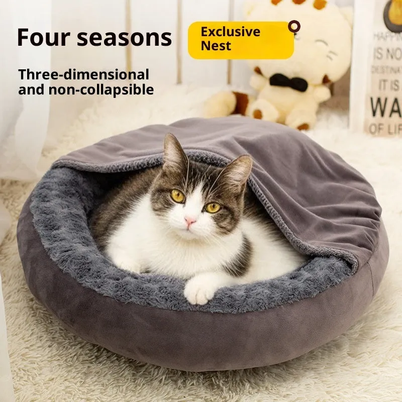 Round thickened flannel cat cushion mat in dark gray on floor, with 50cm 60cm 70cm size options