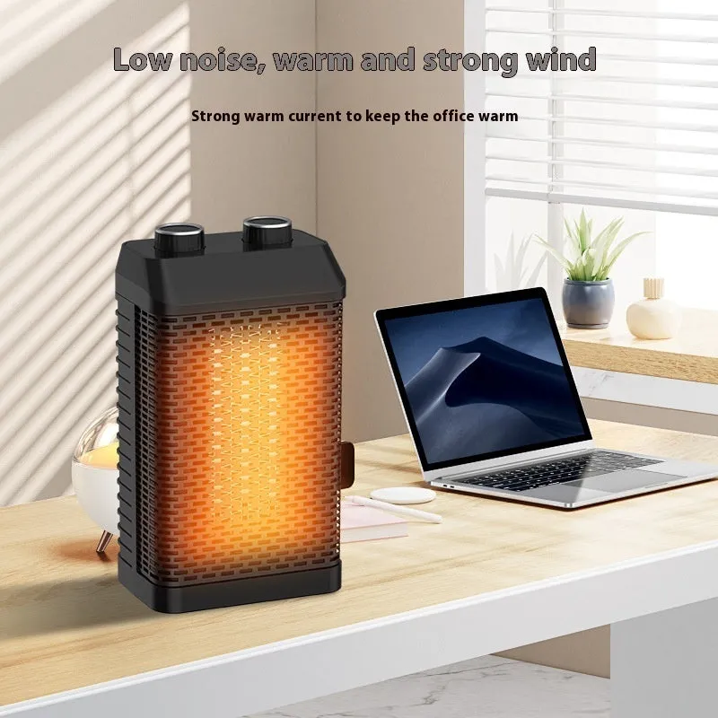Black smart desktop heater with remote control on a wooden desk, showing digital display and shaking head louvres.