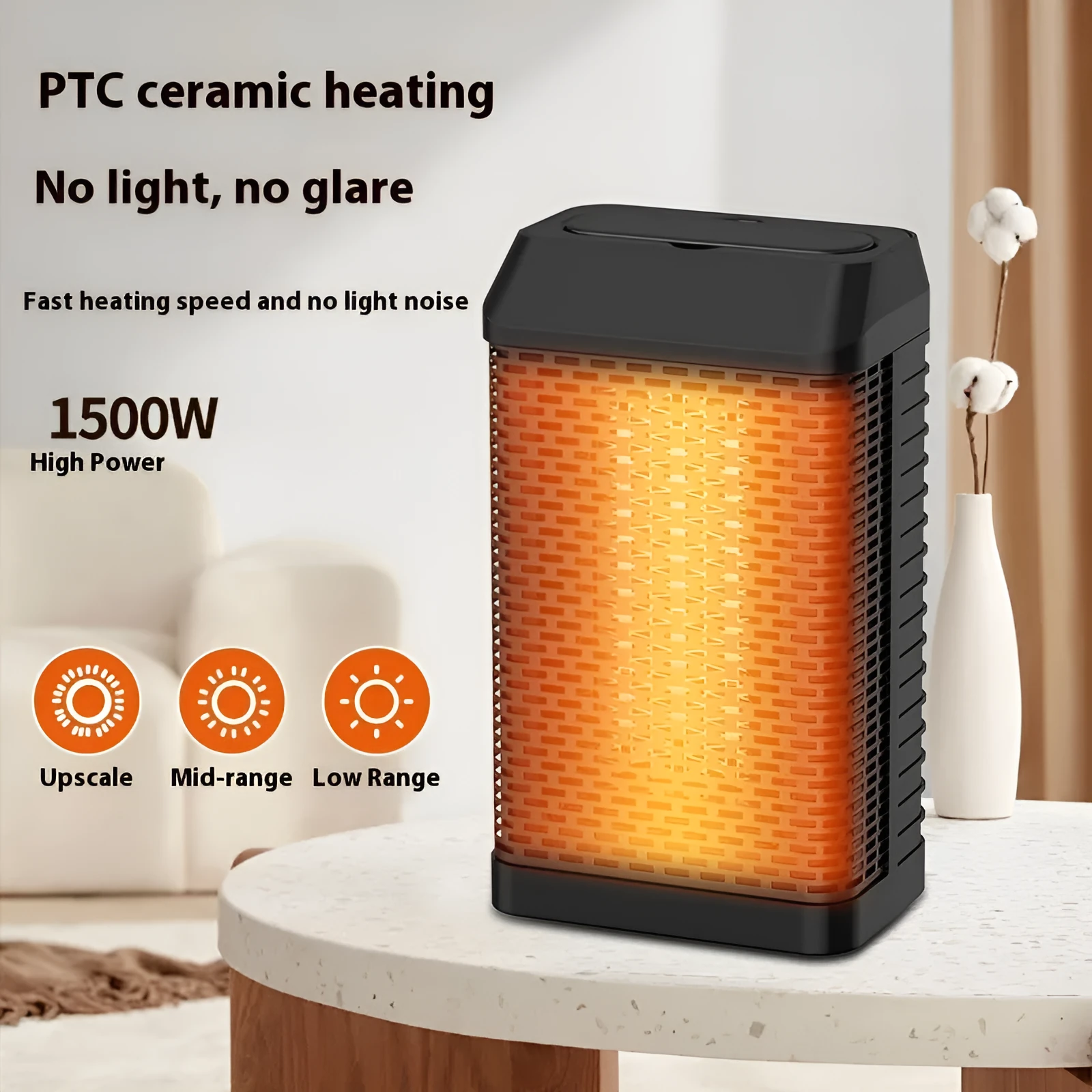 Black smart desktop heater with remote control on a wooden desk, showing digital display and shaking head louvres.