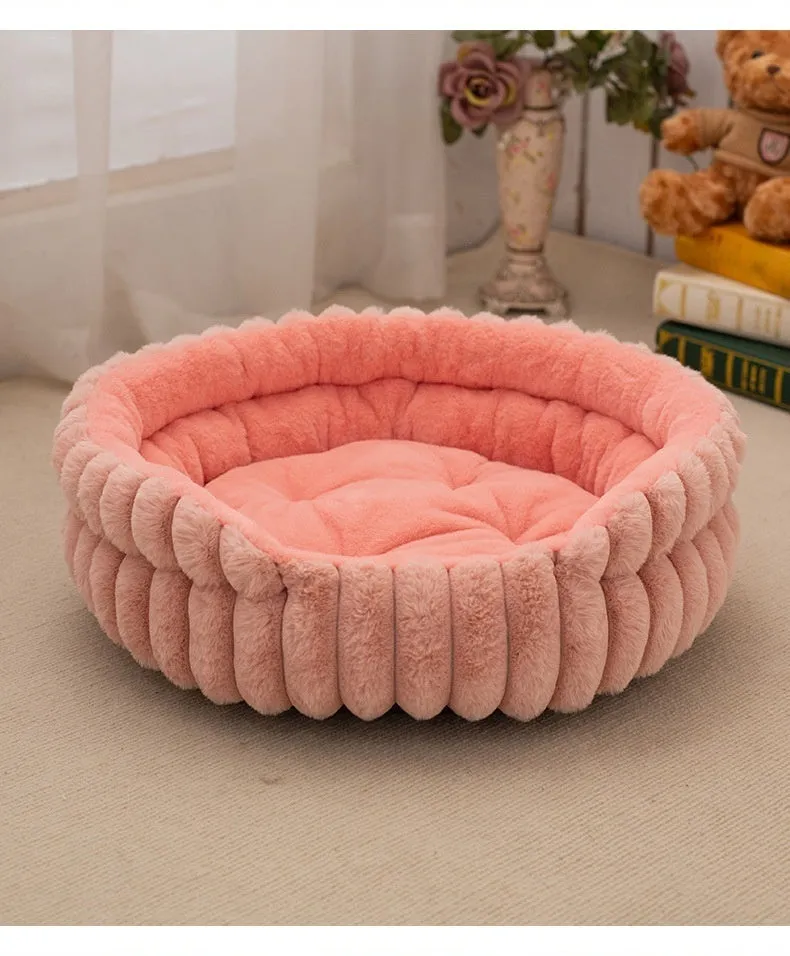 Round plush pet cat bed in khaki colour with rabbit design, diameter 40cm, low 15cm height