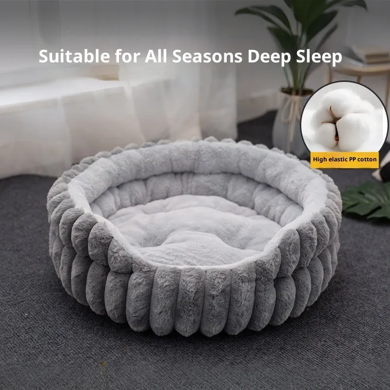 Round plush pet cat bed in khaki colour with rabbit design, diameter 40cm, low 15cm height