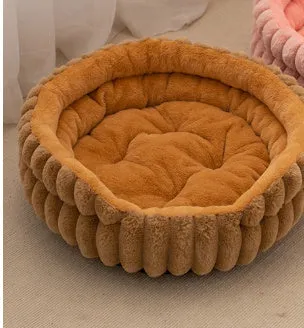Round plush pet cat bed in khaki colour with rabbit design, diameter 40cm, low 15cm height