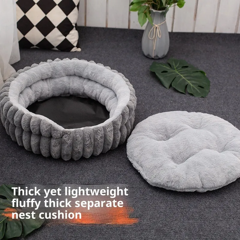 Round plush pet cat bed in khaki colour with rabbit design, diameter 40cm, low 15cm height