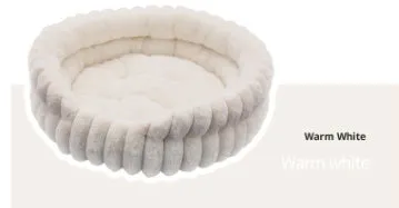 Round plush pet cat bed in khaki colour with rabbit design, diameter 40cm, low 15cm height