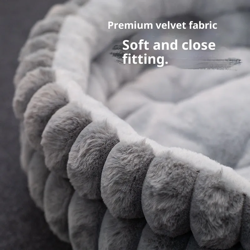 Round plush pet cat bed in khaki colour with rabbit design, diameter 40cm, low 15cm height